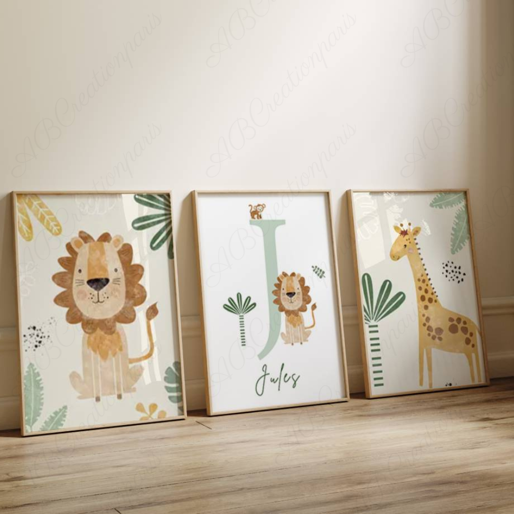 Affiche animaux de la jungle chambre bébé avec initiale et prénom personnalisé