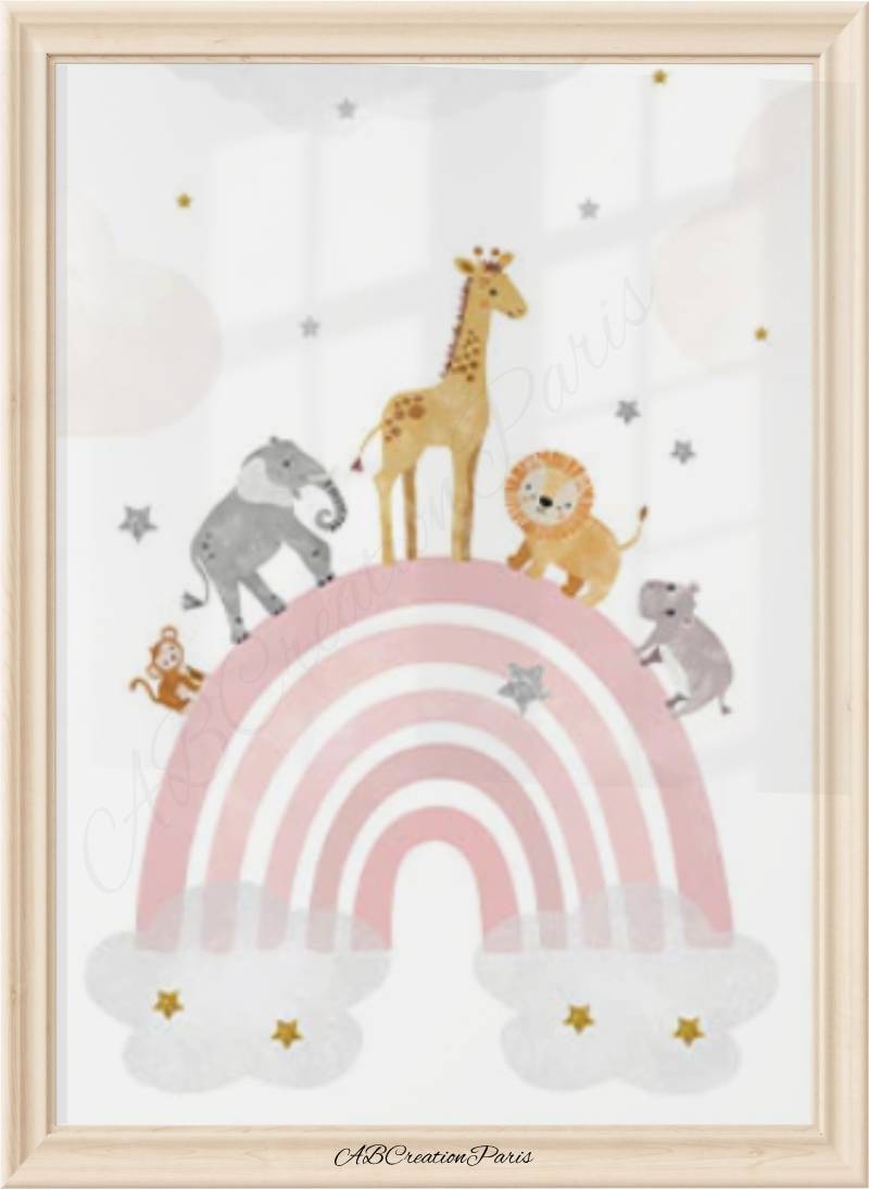 Affiche animaux savane sur arc-en-ciel rose – déco murale douce pour chambre bébé fille