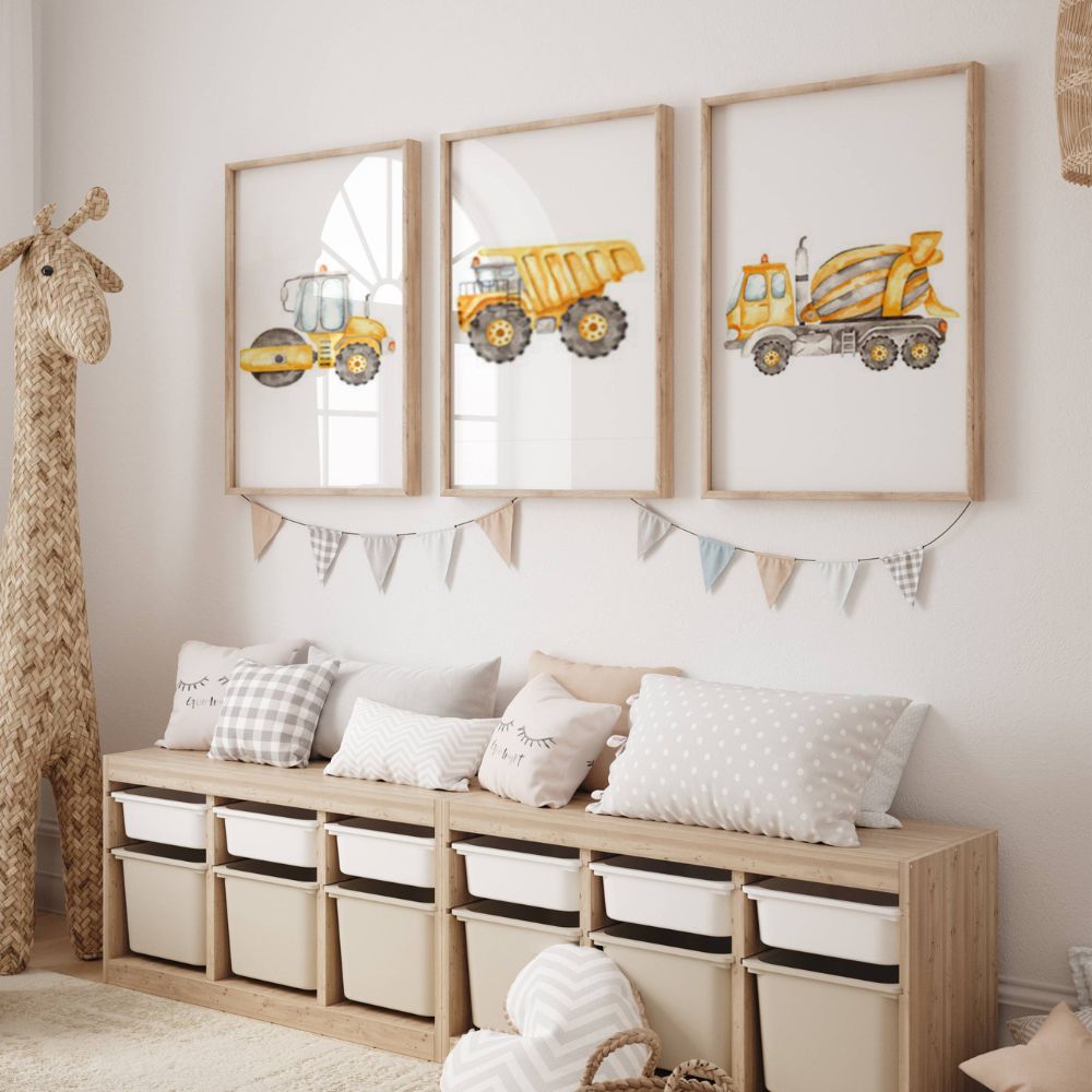 Aquarelle voiture pour chambre d'enfant. Tracteur et engin de chantier, coloris jaune