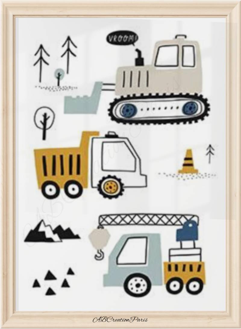 Affiche engins de chantier pour chambre enfant – déco murale camions tractopelles illustrés