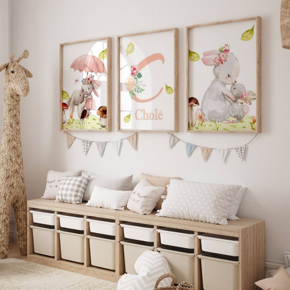 Affiche lapin et prénom personnalisé pour chambre bébé fille