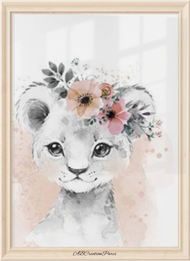 affiche petit lion, fleur peche et fond aquarelle