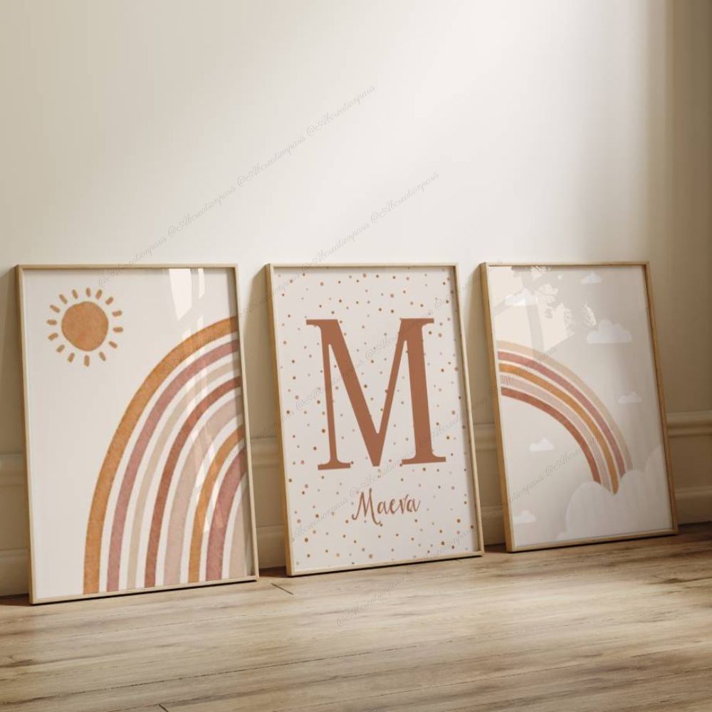 trio d'affiche arc en ciel terracotta et prénom personnalisé