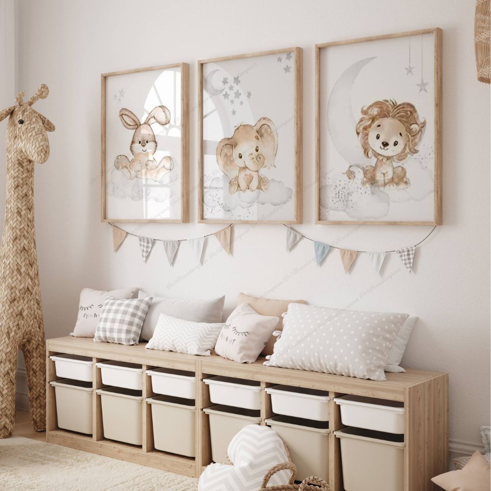 Affiche chambre bébé animaux sur un nuage