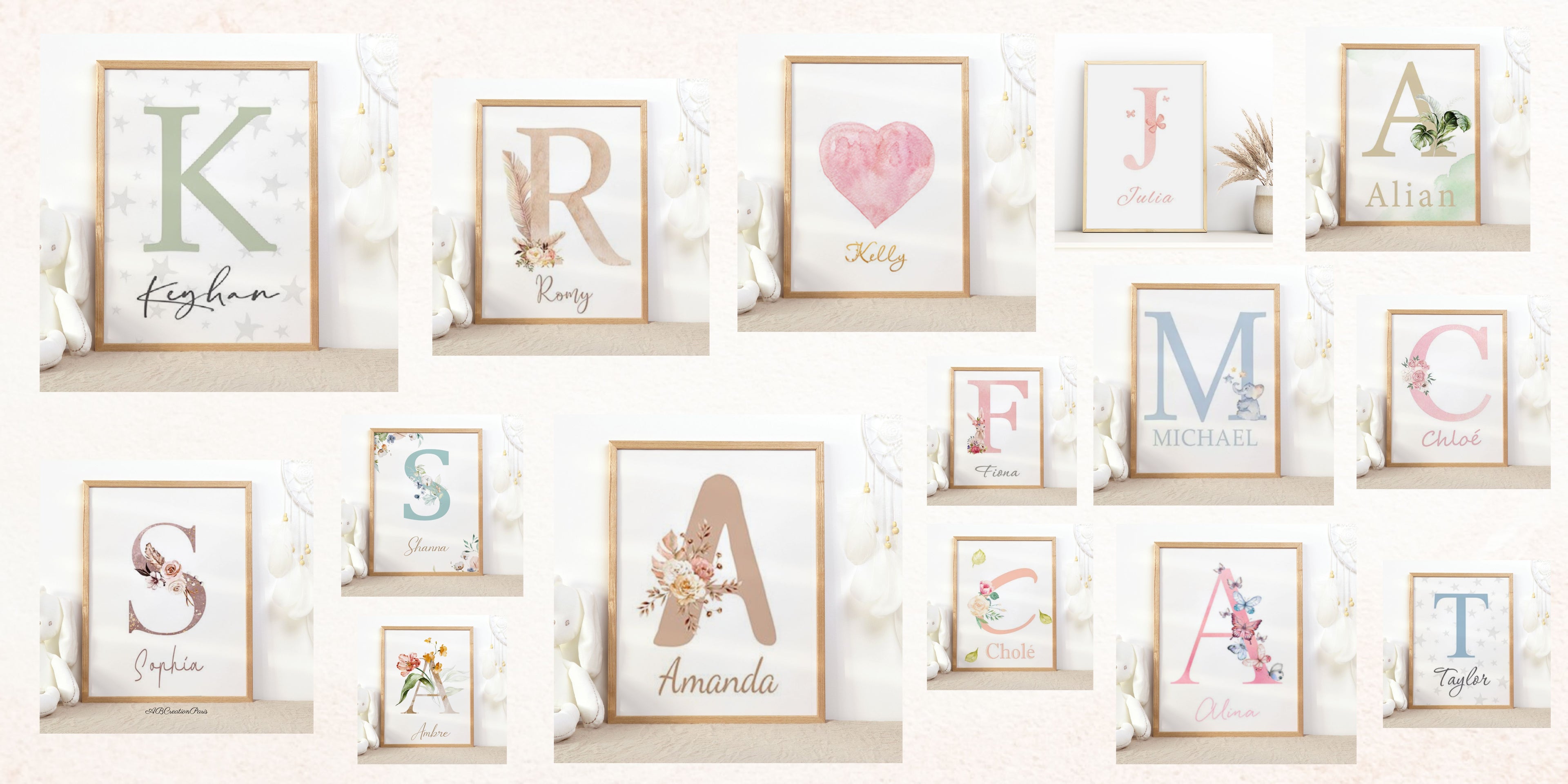 Affiche prénom personnalisé chambre bébé ou chambre enfant - Illustration sur plusieurs thème
