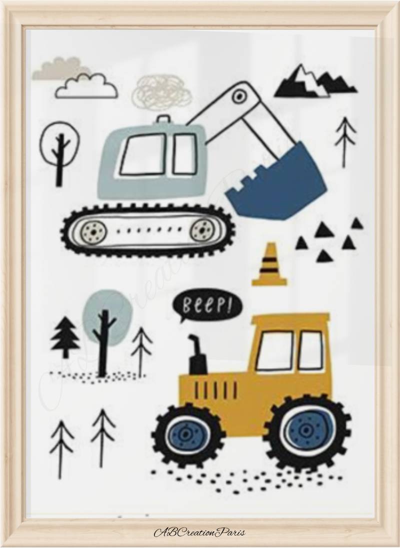 Poster pelleteuse et tracteur pour garçon – décoration murale véhicules de construction