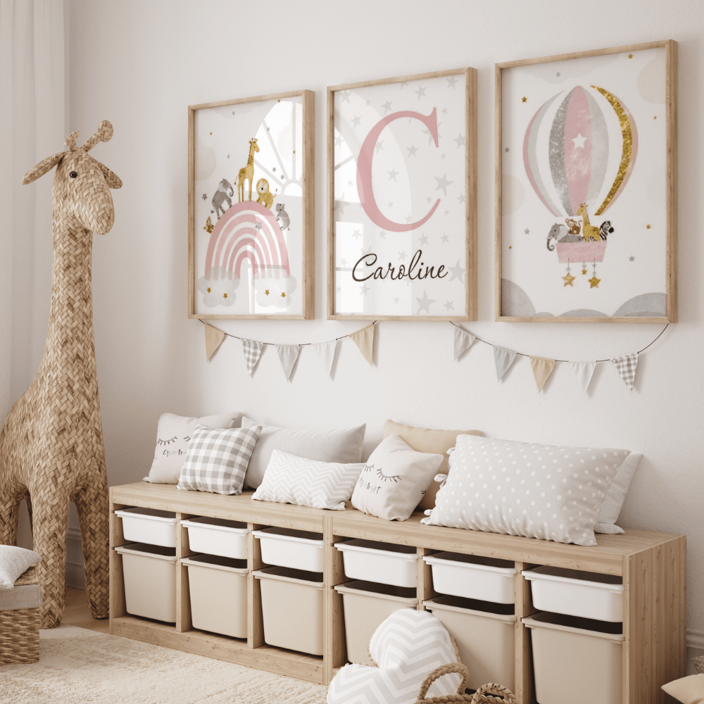 Triptyque animaux montgolfière arc-en-ciel rose – décoration murale personnalisée chambre bébé fille