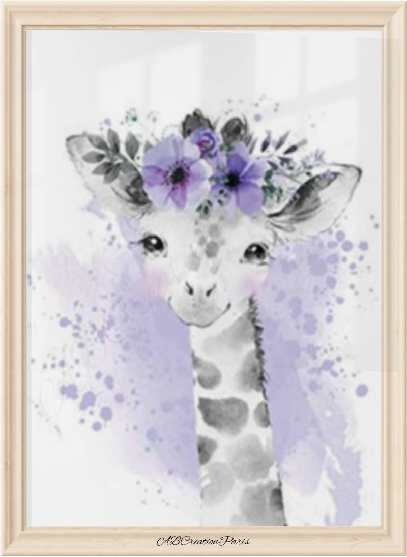 affiche girafe violette couronne florale pour déco chambre bébé fille