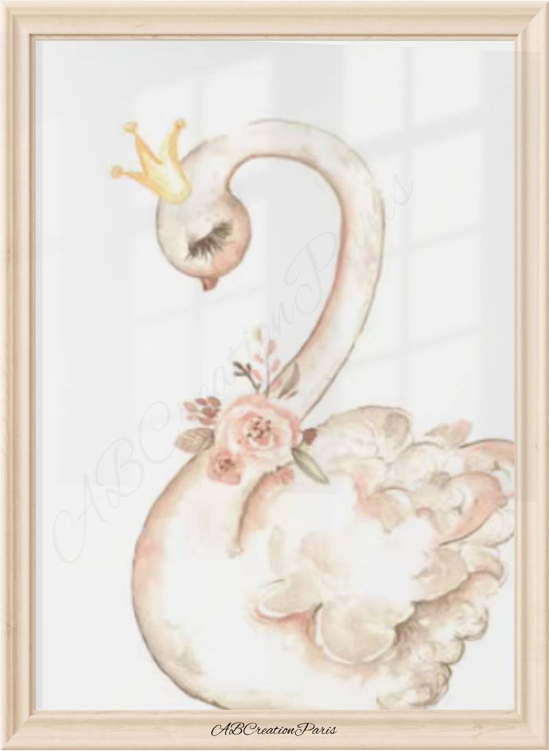 affiche chambre bebe fille représentant un cygne avec une couronne en or