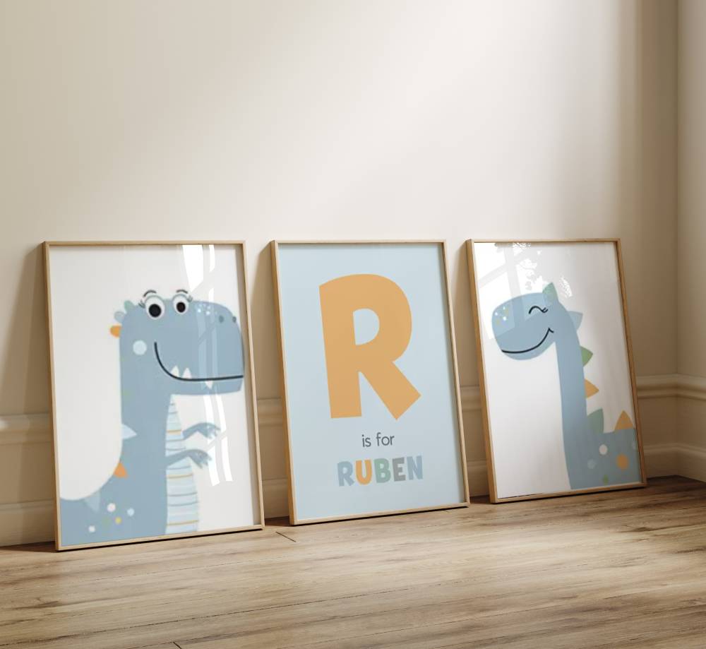 affiche murale dinosaure et prénom personnalisé pour chambre bebe garçon
