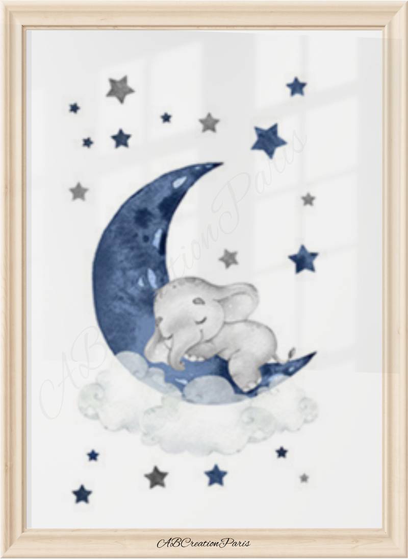 affiche elephant sur une lune bleu et etoiles grise pour chambre bebe garcon