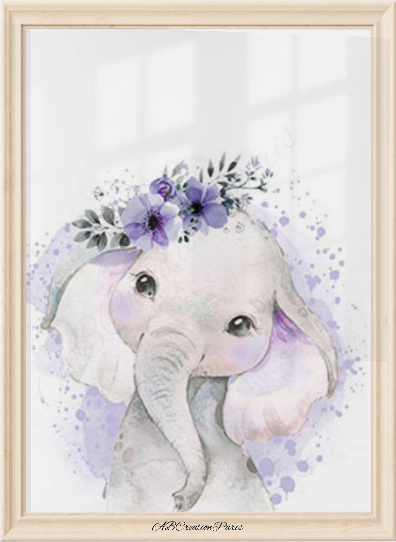affiche éléphant violet avec fleurs pour chambre bébé fille thème savane