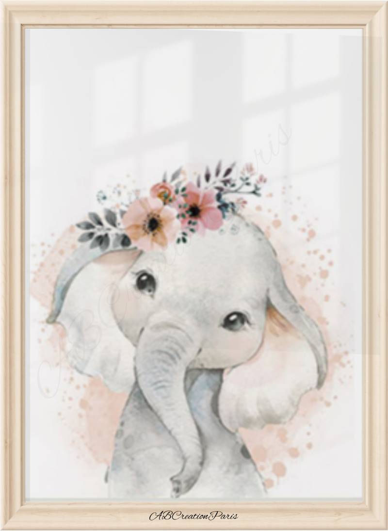 affiche petit éléphant, fleur pèche et fond aquarelle