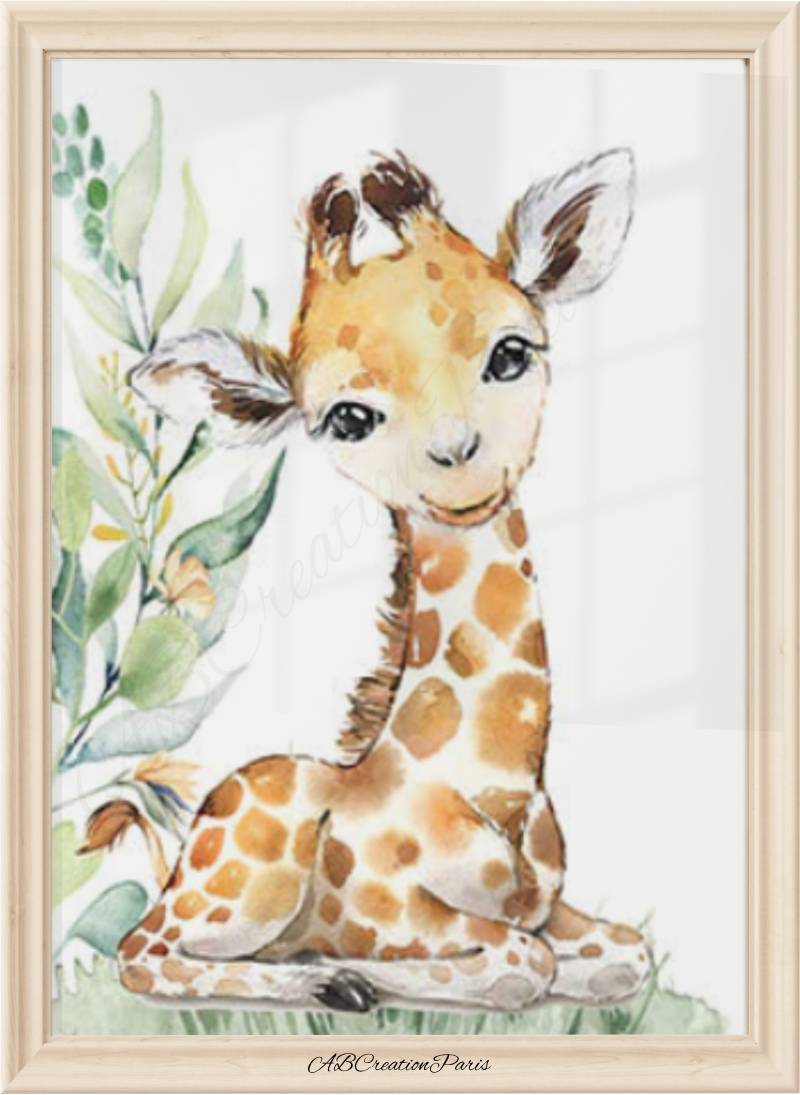 affiche representant une petite girafe assis sur l'herbe