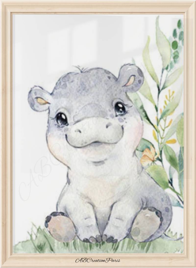 affiche représentant un petit hippopotame assis sur l'herbe