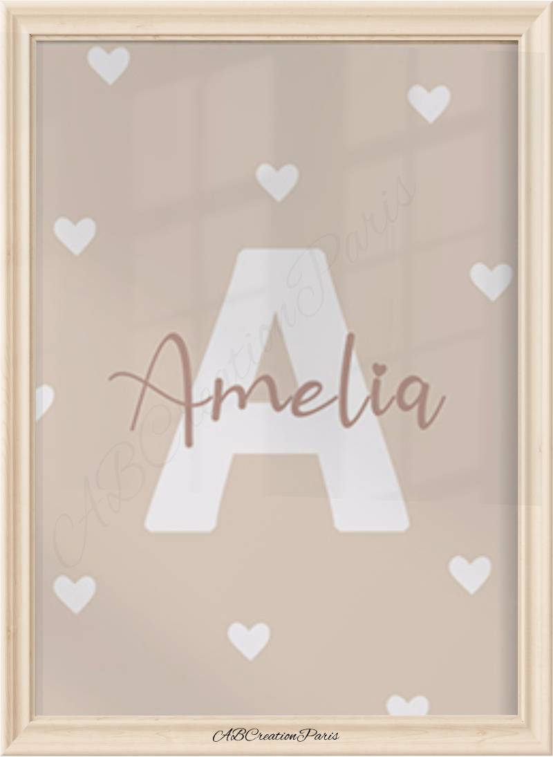 Poster personnalisé prénom et initiale style terracotta. avec cœur blanc