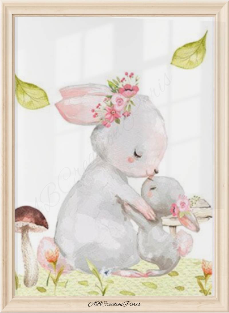 Poster lapine avec bébé – décoration murale forêt pour chambre bébé fille