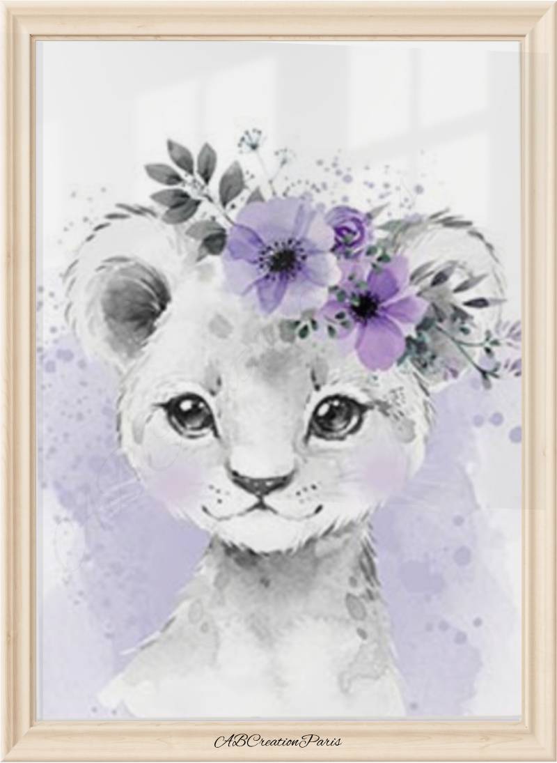 affiche lion violet bébé fille avec fleurs pour décoration murale savane douce