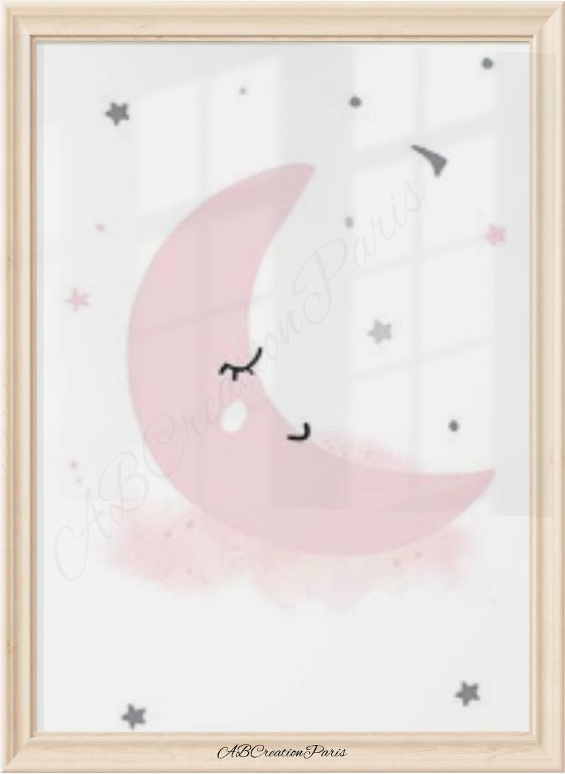 affiche lune rose qui dort pour chambre nourrisson fille