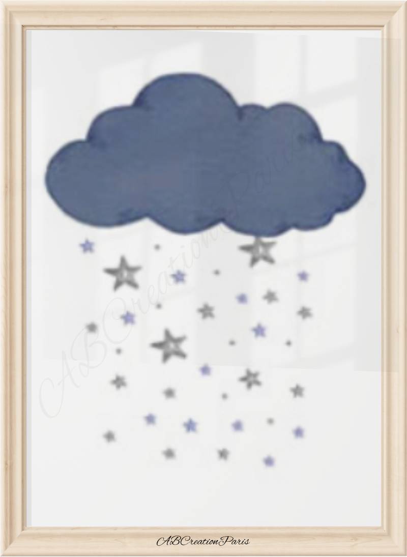 poster nuage bleu et pluie d'étoile grise pour chambre bebe