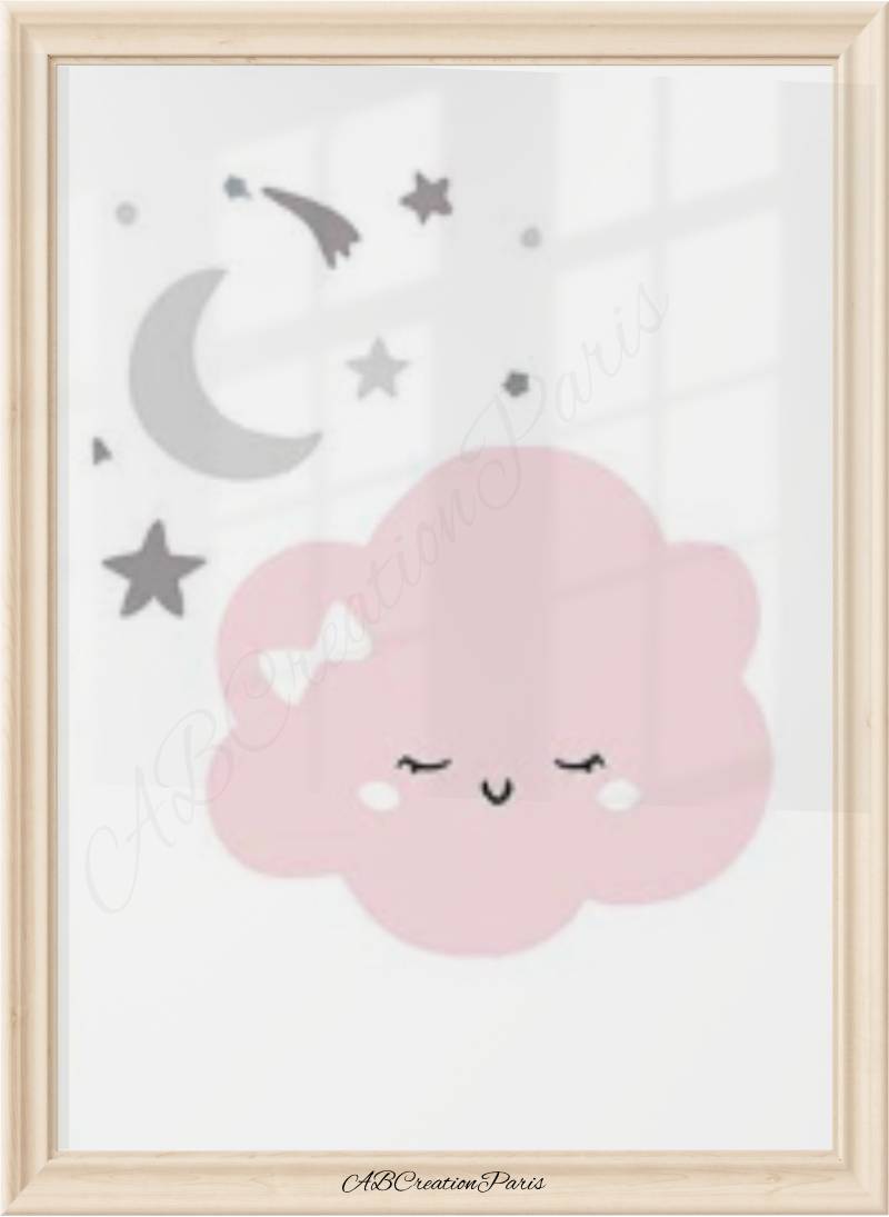 Affiche chambre bebe fille nuage rose et étoile grise