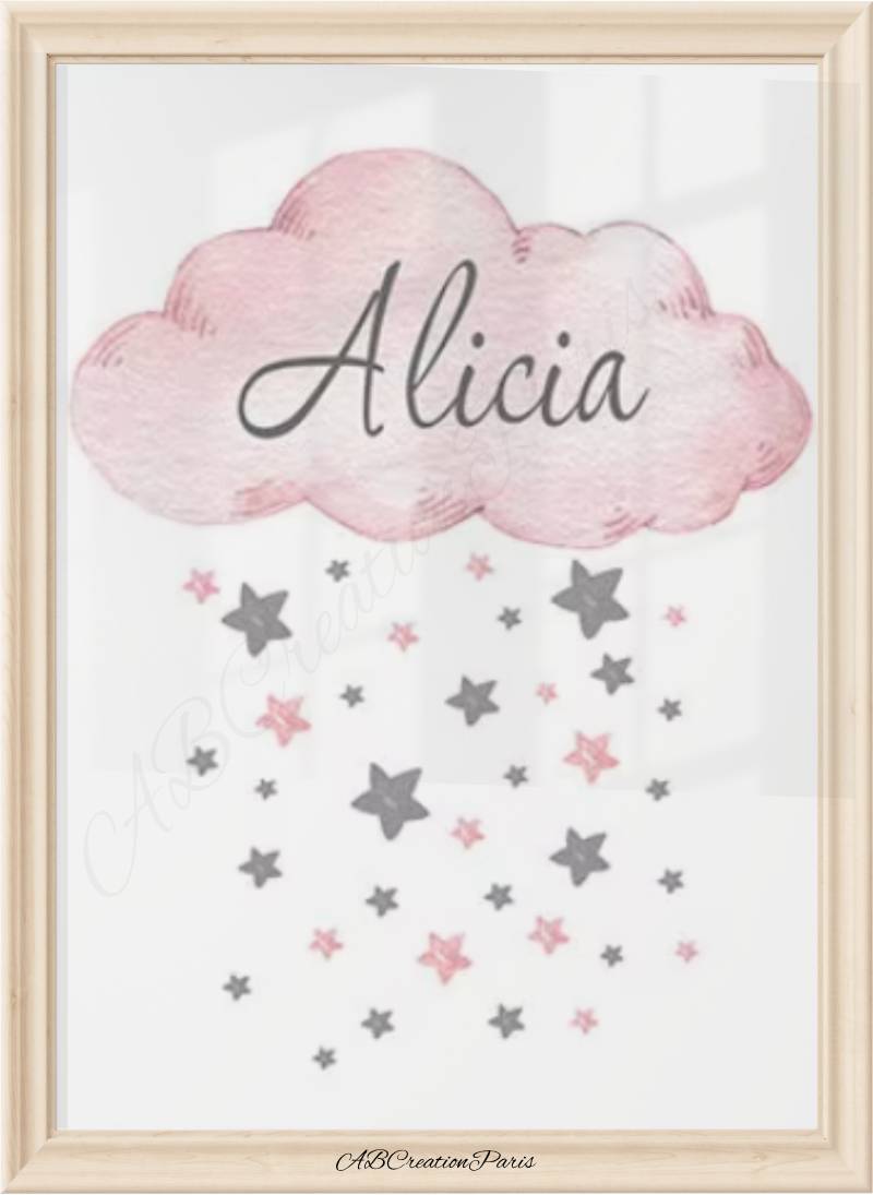 affiche nuage rose et pluie d'étoile rose et grises. Un prénom est inscrit en manuscrit dans le nuage