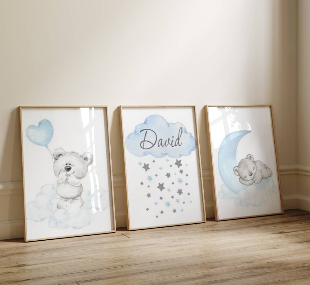 affiche ourson nuage, lune et coeur bleu pour cadeau de baptême garçon