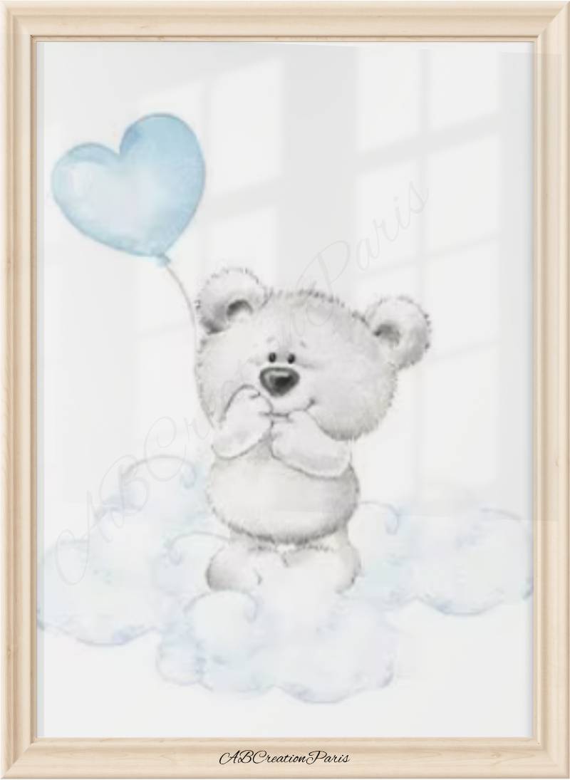 affiche ourson assis sur un nuage et ballon bleu en forme de coeur