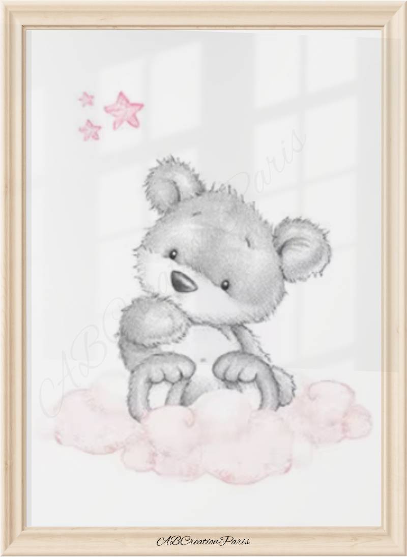 affiche ourson assis sur un nuage rose pastel