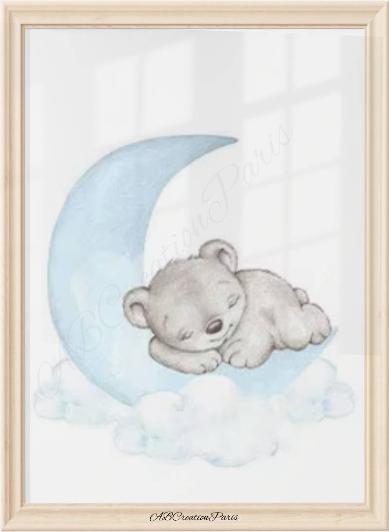 affiche ourson endormi sur une lune bleu