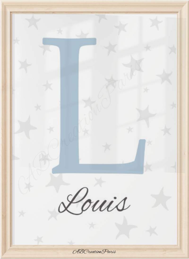 Affiche prénom chambre bébé garçon – lettre bleue avec étoiles pour déco personnalisée