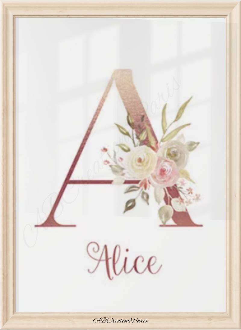affiche initiale et prénom avec bouquet de fleur pour chambre bébé fille