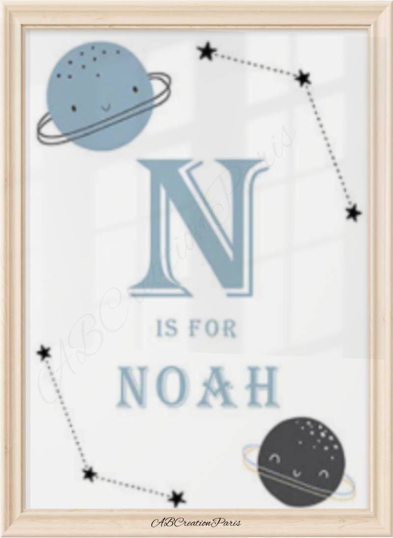 Affiche personnalisé avec initiale et prénom sur le thème de l'espace