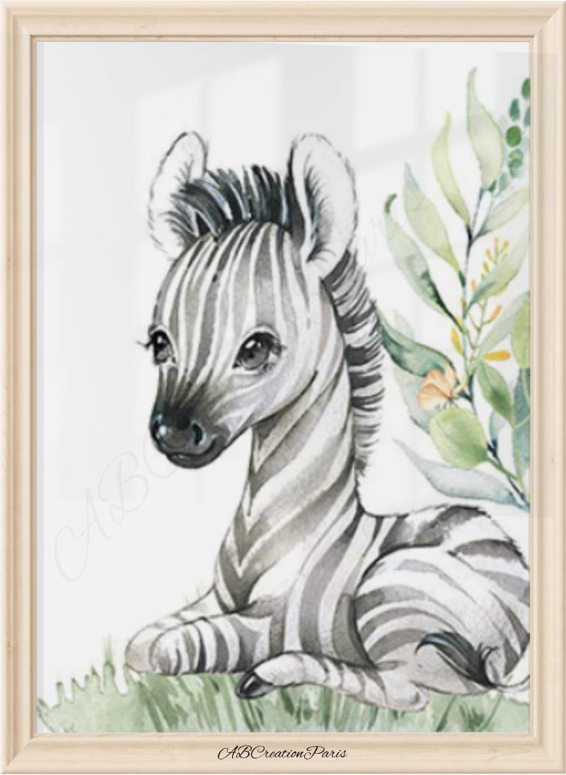 affiche representant un petit zebre assis sur l'herbe