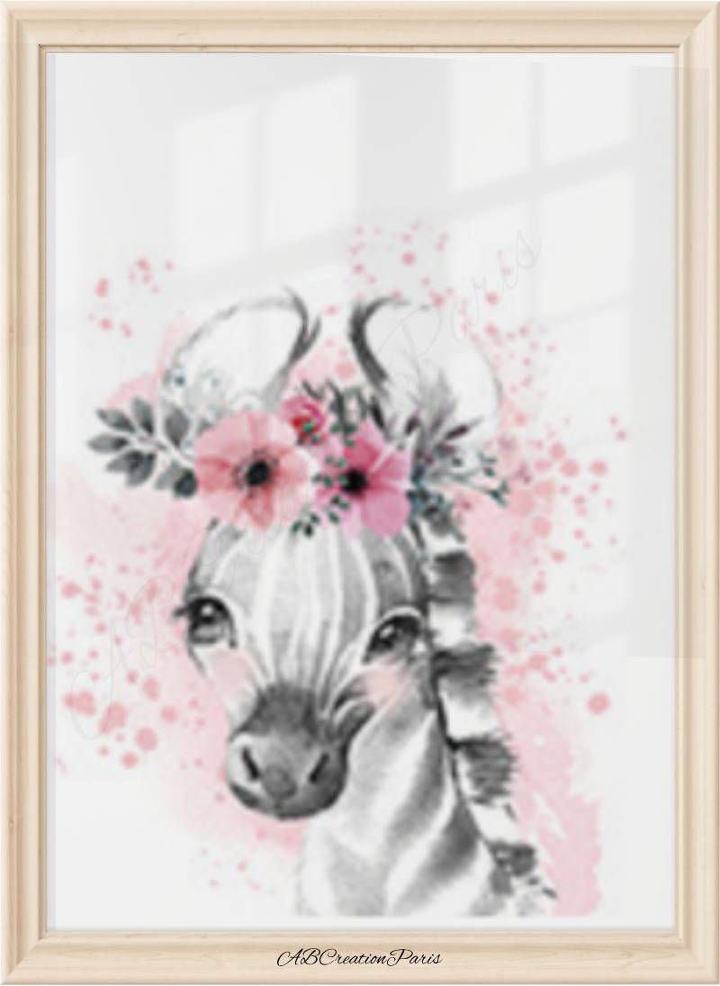 affiche zebre avec une couronne de fleur fond vieux rose