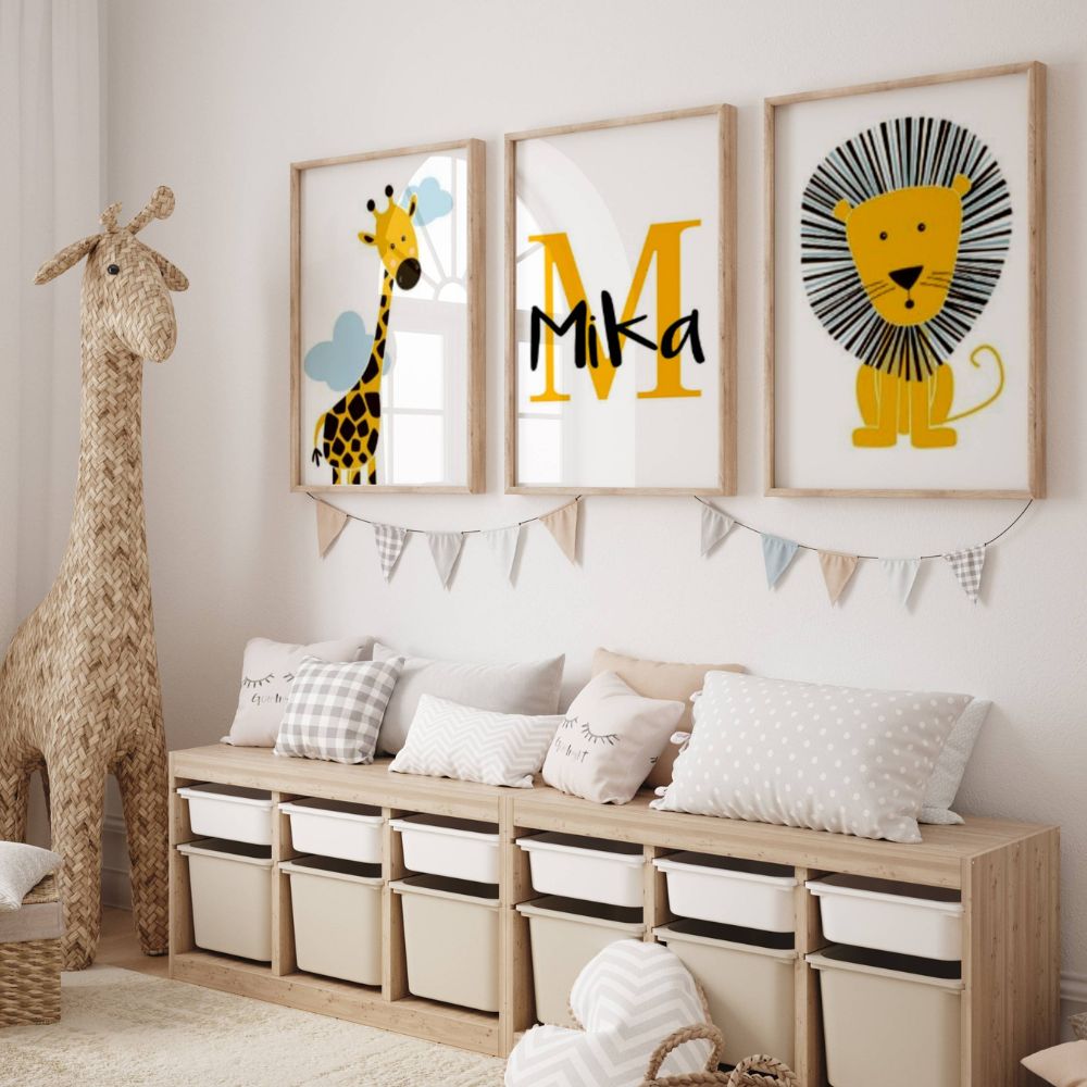 Affiches animaux chambre enfant jaune et noir – girafe lion et déco personnalisée bébé
