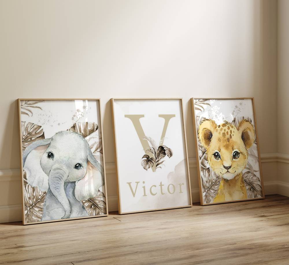 affiches prénom et animaux savane – décoration murale personnalisée jungle bébé garcon