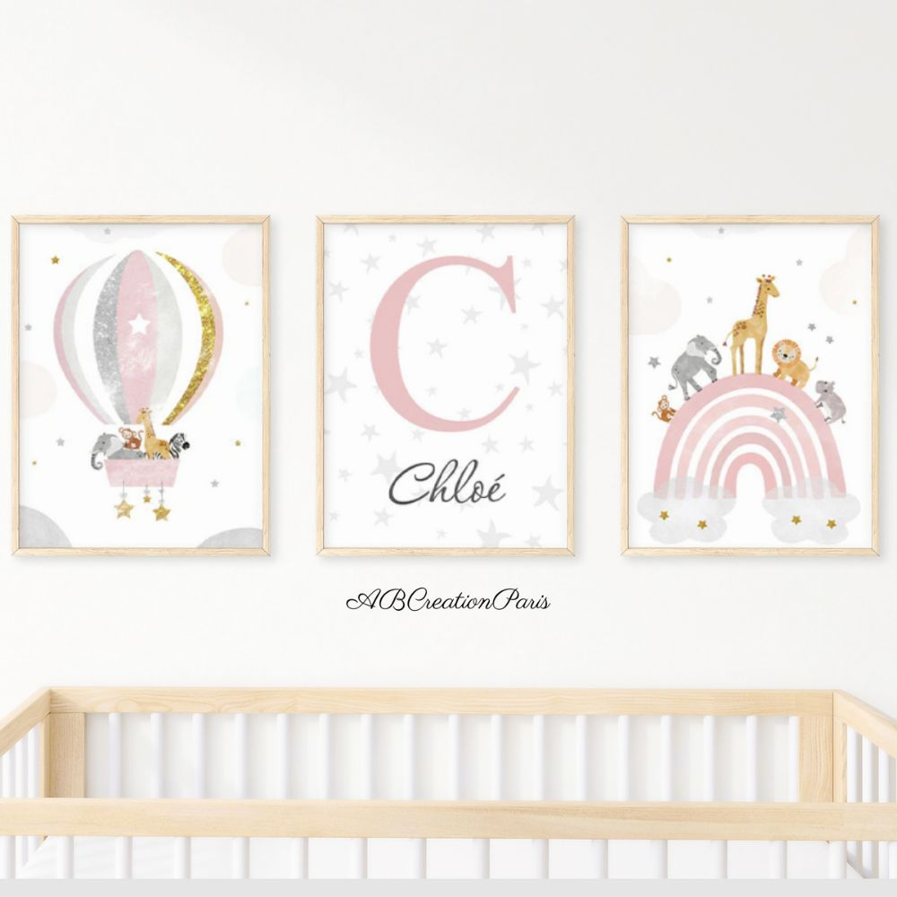 affiches montgolfière arc en ciel rose et animaux de la savane pour chambre bébé fille