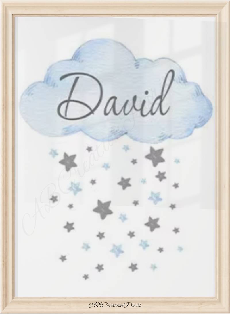 affiche nuage bleu et pluie d'étoile grises en bleus. Un prénom est inscrit dans le nuage