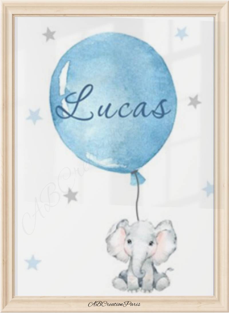 affiche prénom dans un ballon bleu tenu par un bebe elephant