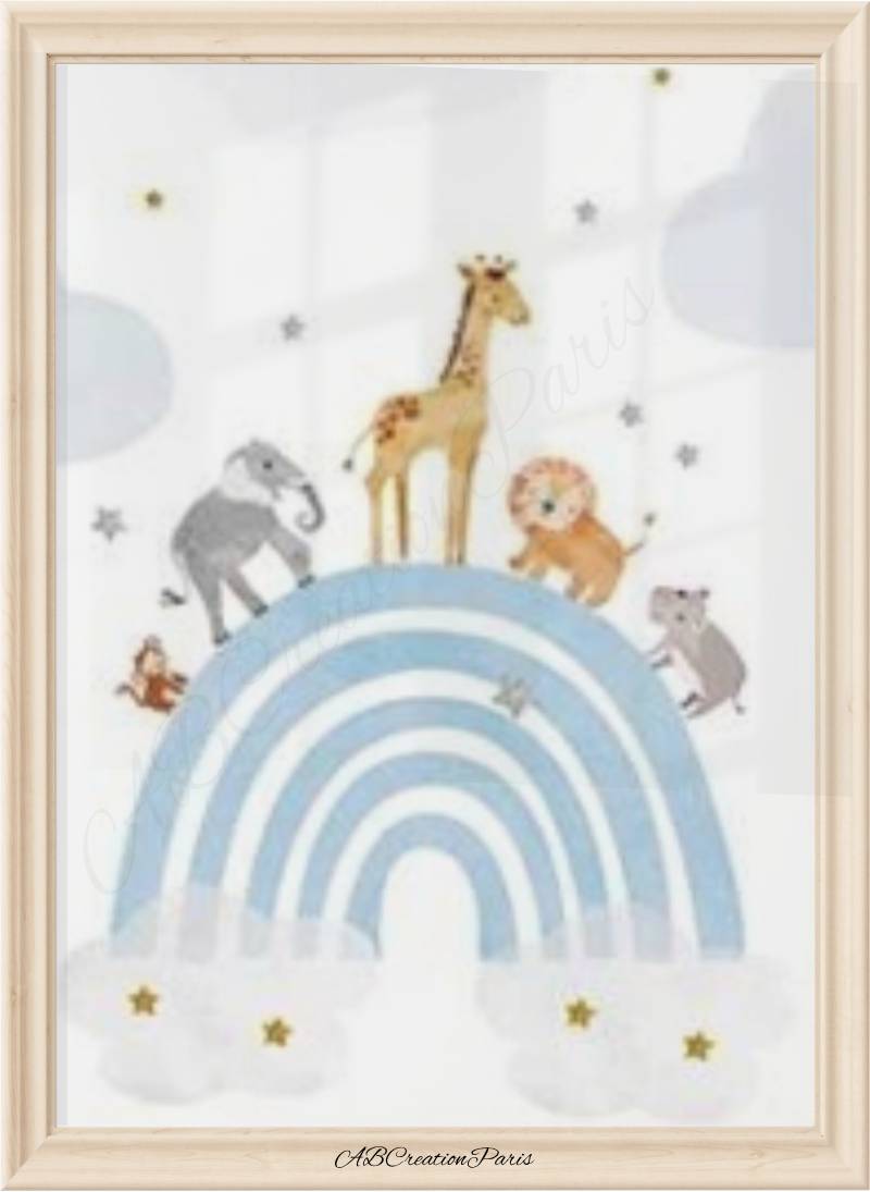 Décoration murale bébé garçon – arc-en-ciel bleu avec animaux savane et étoiles dorées