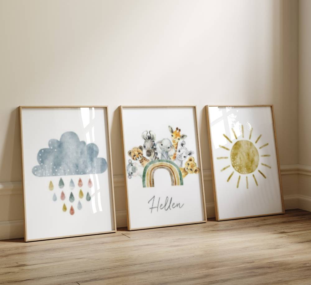 affiche murale chambre bebe theme jungle avec animaux arc en ciel et prénom personnalisé