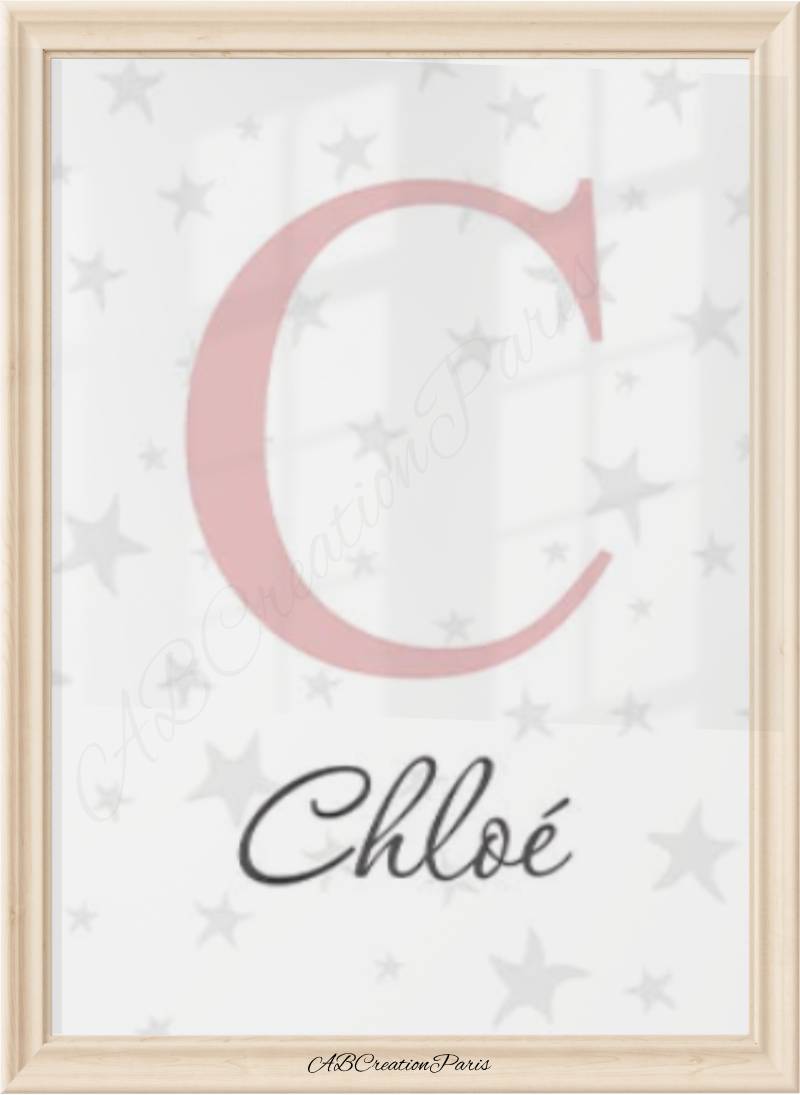 affiche avec initiale et prénom arriéré fond étoile argenté - décoration mur bébé personnalisée étoilée