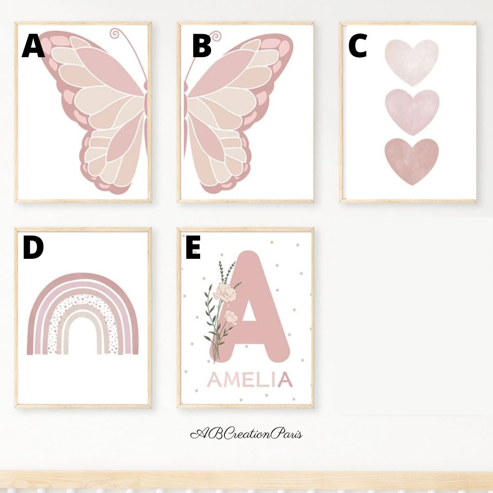 illustration du set, A et B pour les ailles, C pour les 3 coeurs rose, D pour l'arc en ciel et E pour l'initiale