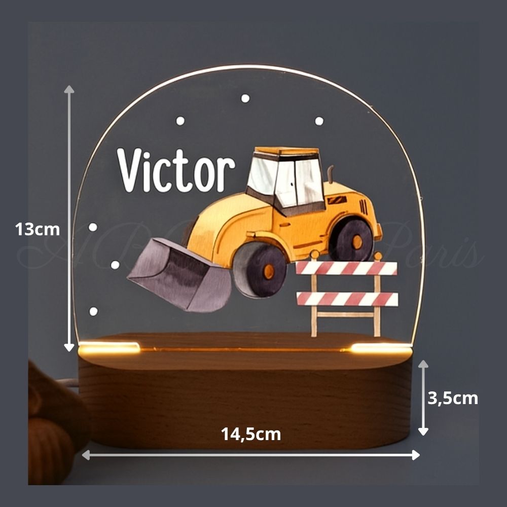 Lampe de chevet tracteur personnalisée pour décoration chambre bébé garçon, veilleuse engin chantier avec prénom gravé