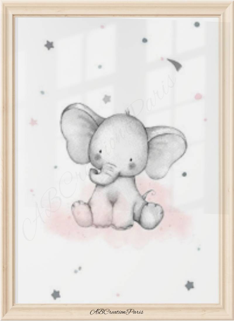 affiche petit elephant sur nuage rose pour bebe fille 1 an
