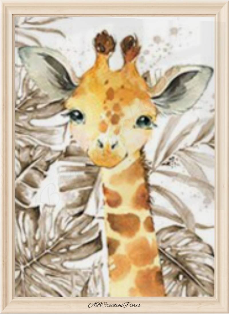affiche girafe aquarelle bébé garçon – art mural safari beige et feuillage doré