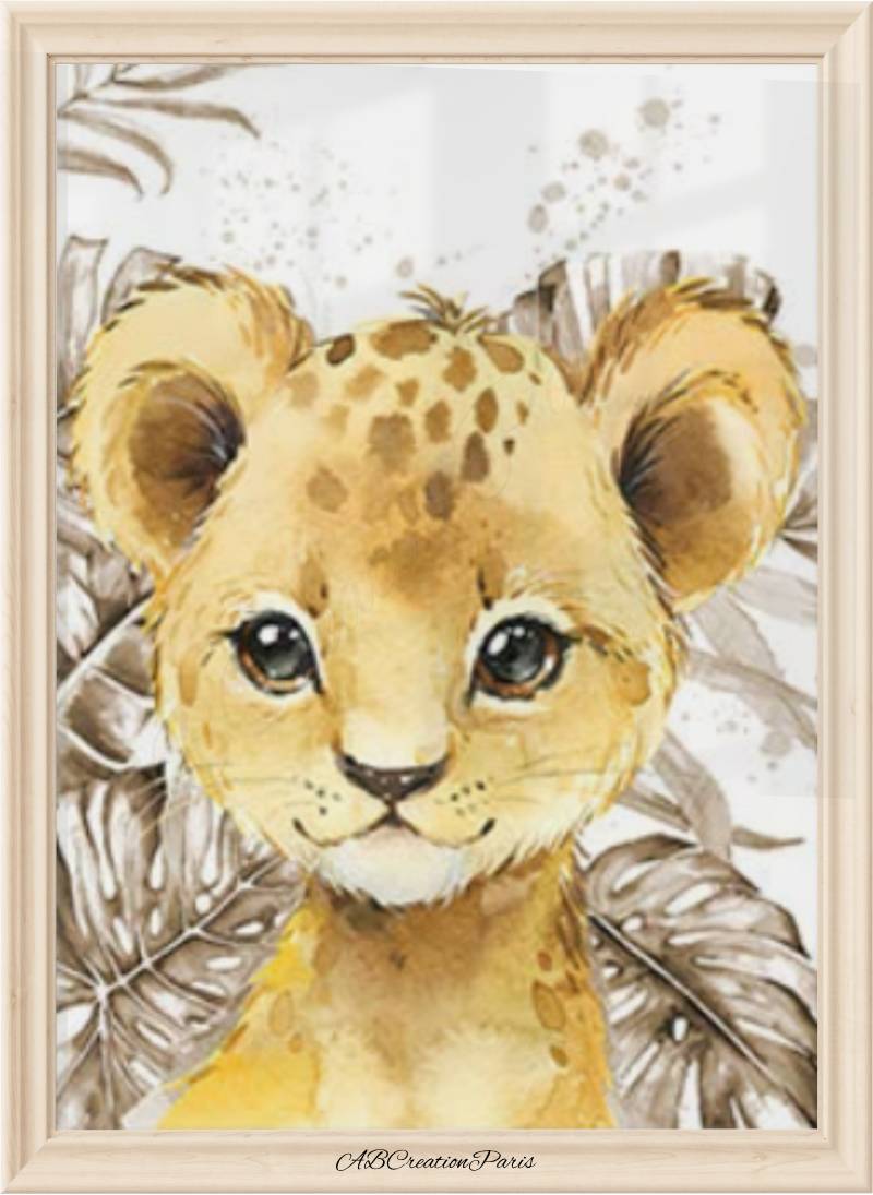 affiche lion bébé garçon tons chauds pour déco murale chambre thème savane.