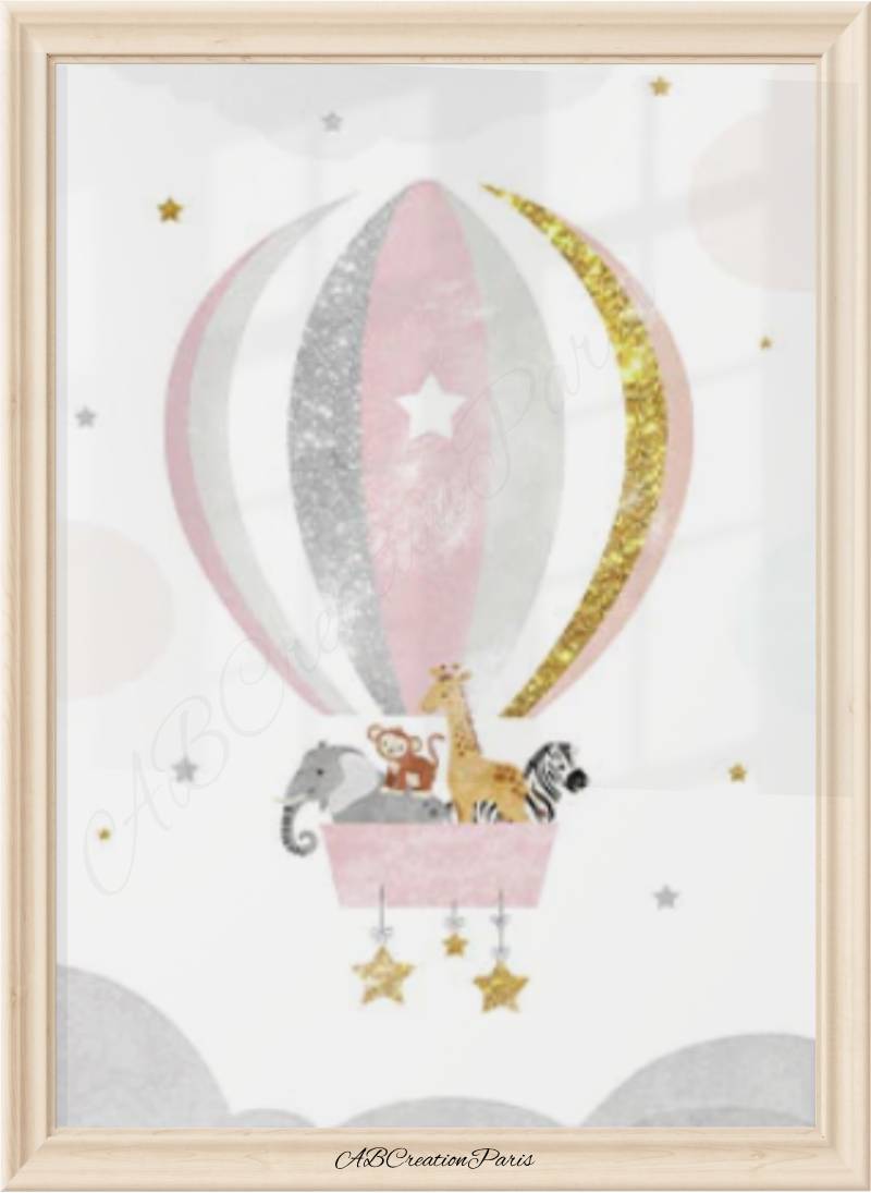 affiche mongolfiere rose, or et argenté avec des animaux