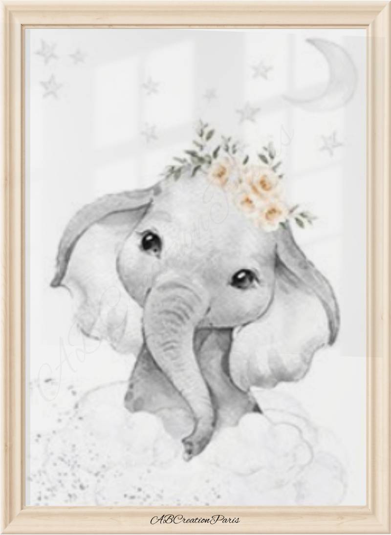 Affiche éléphant bébé avec fleurs et nuages - décoration murale safari pour chambre de bébé
